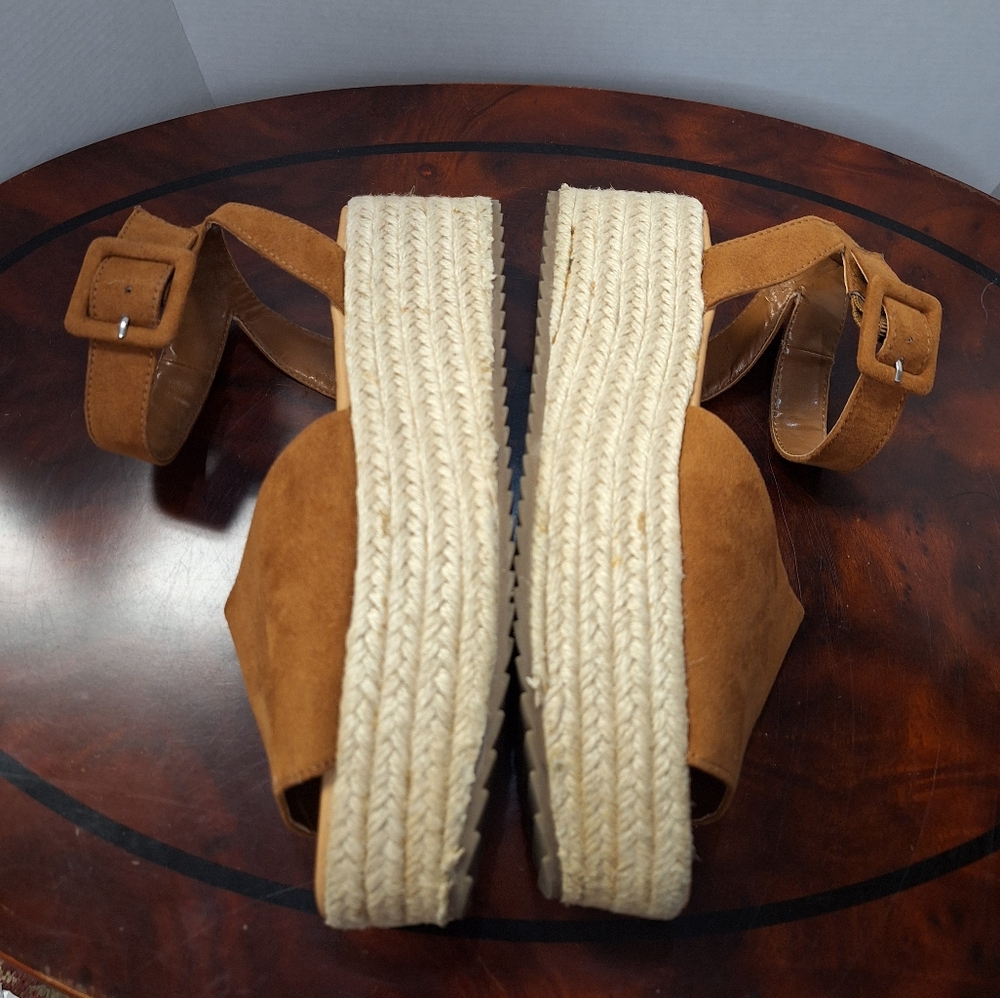 American Eagle Tan Faux Suede Open Toe Buckle Strap Platform Espadrilles Sandals - Picture 7 of 16